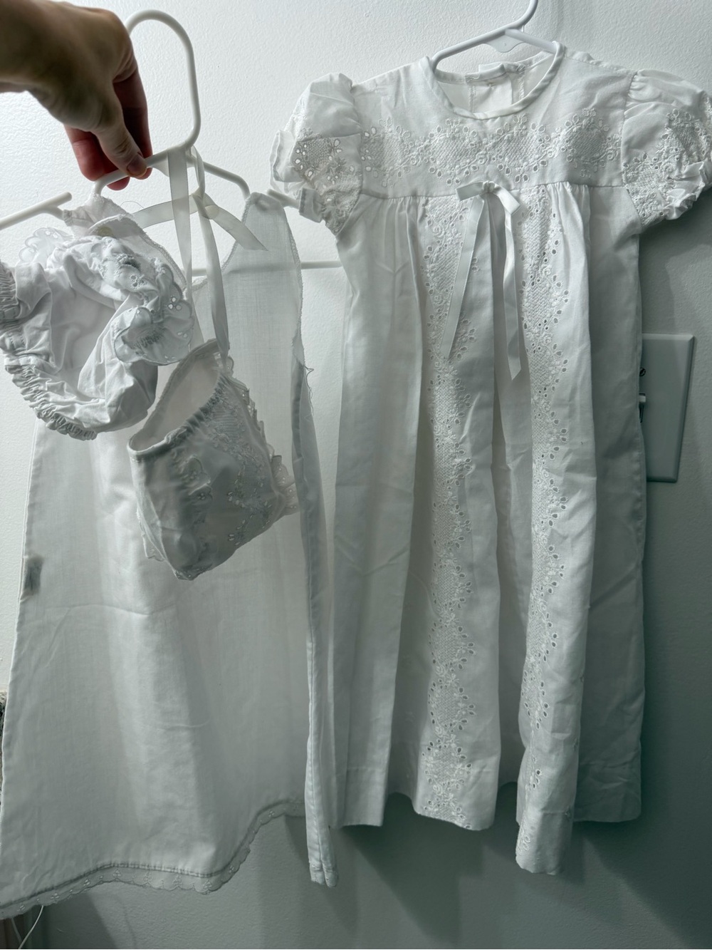 White Embroidered Baby Christening Dress with Matching Bonnet & Pouch